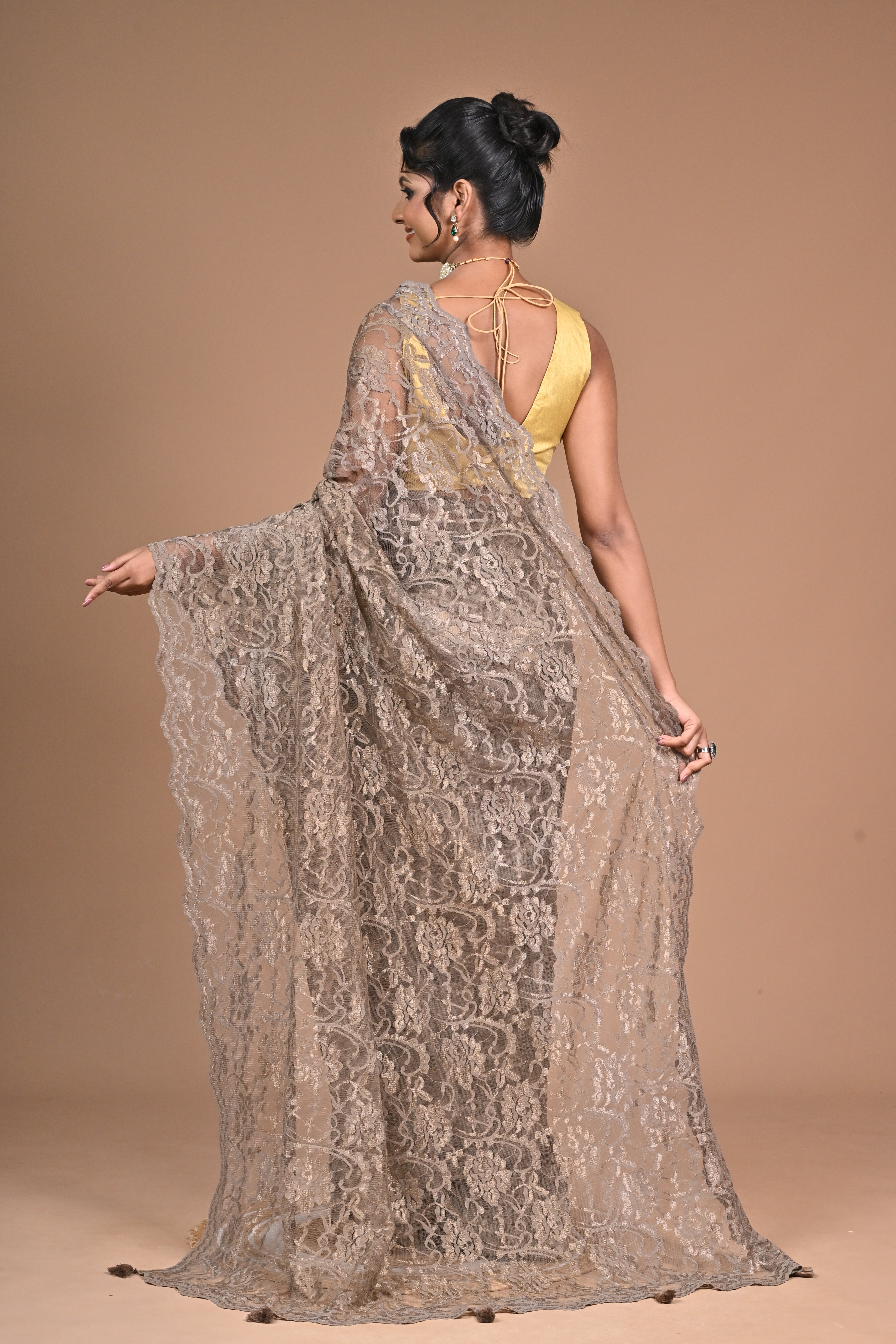 Whisper in Lace" – Taupe Chantily Lace Saree