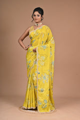 Bloom Bold – Mustard Yellow Printed Saree with Embroidered Border