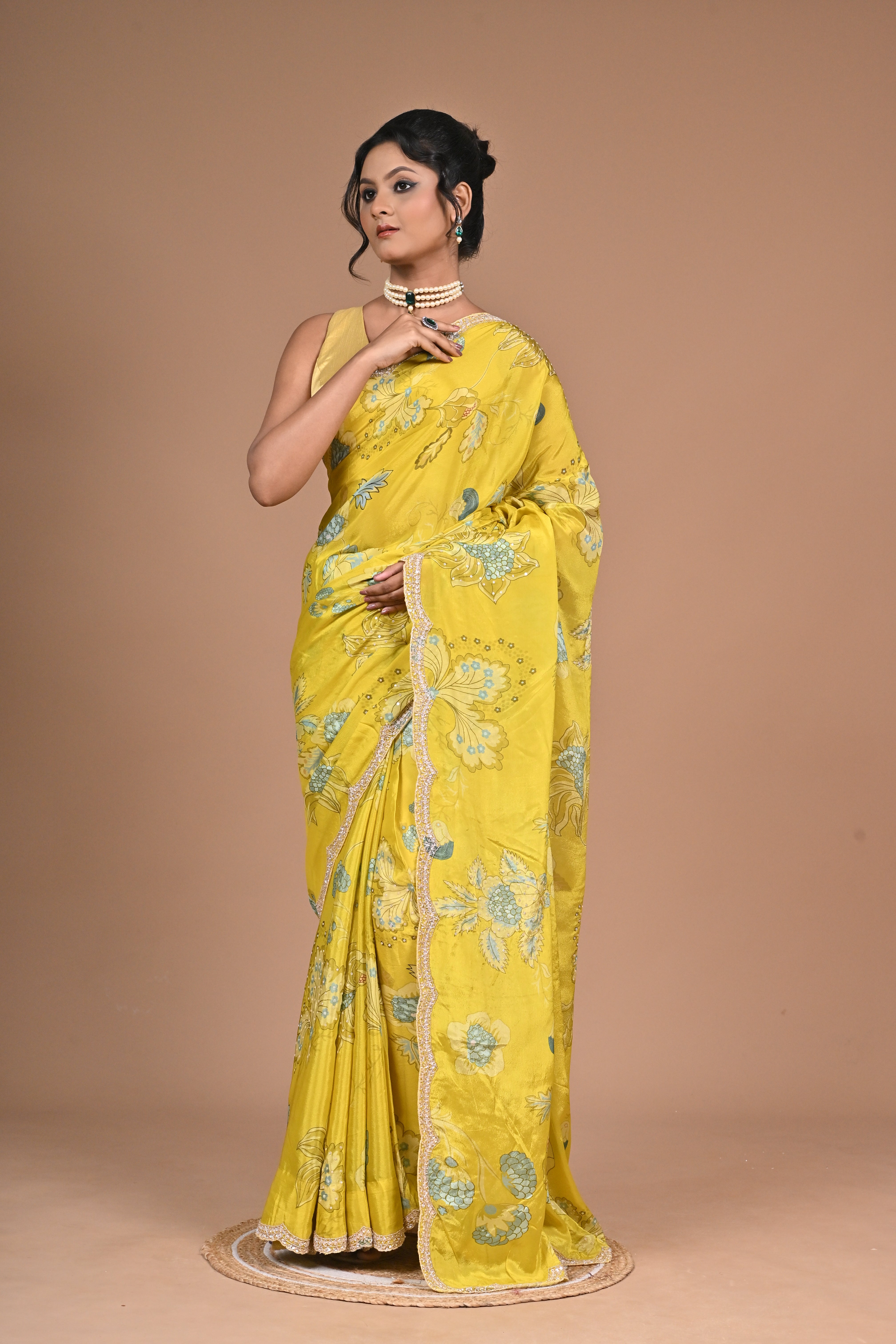 Bloom Bold – Mustard Yellow Printed Saree with Embroidered Border