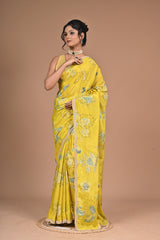 Bloom Bold – Mustard Yellow Printed Saree with Embroidered Border