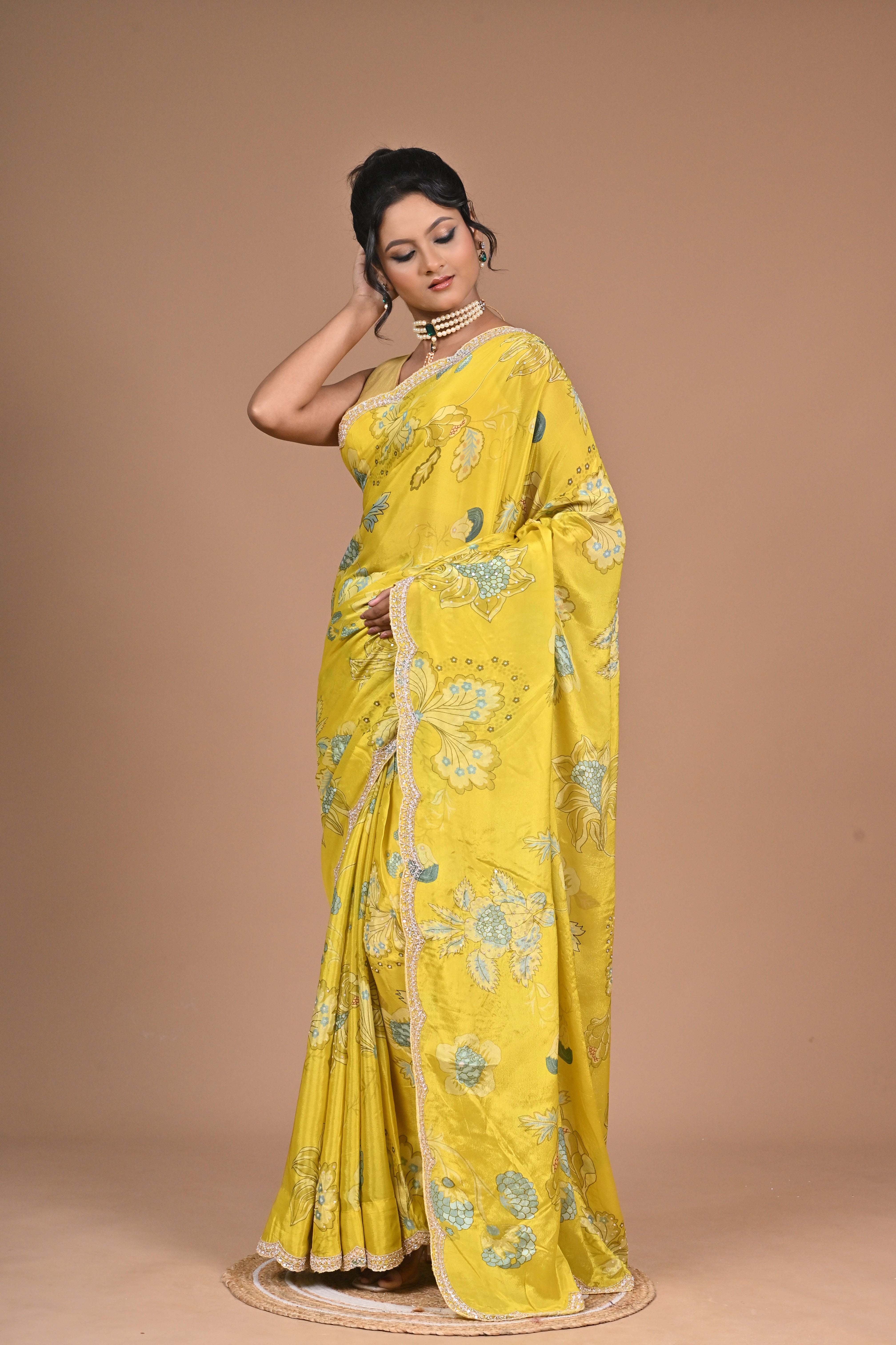 Bloom Bold – Mustard Yellow Printed Saree with Embroidered Border