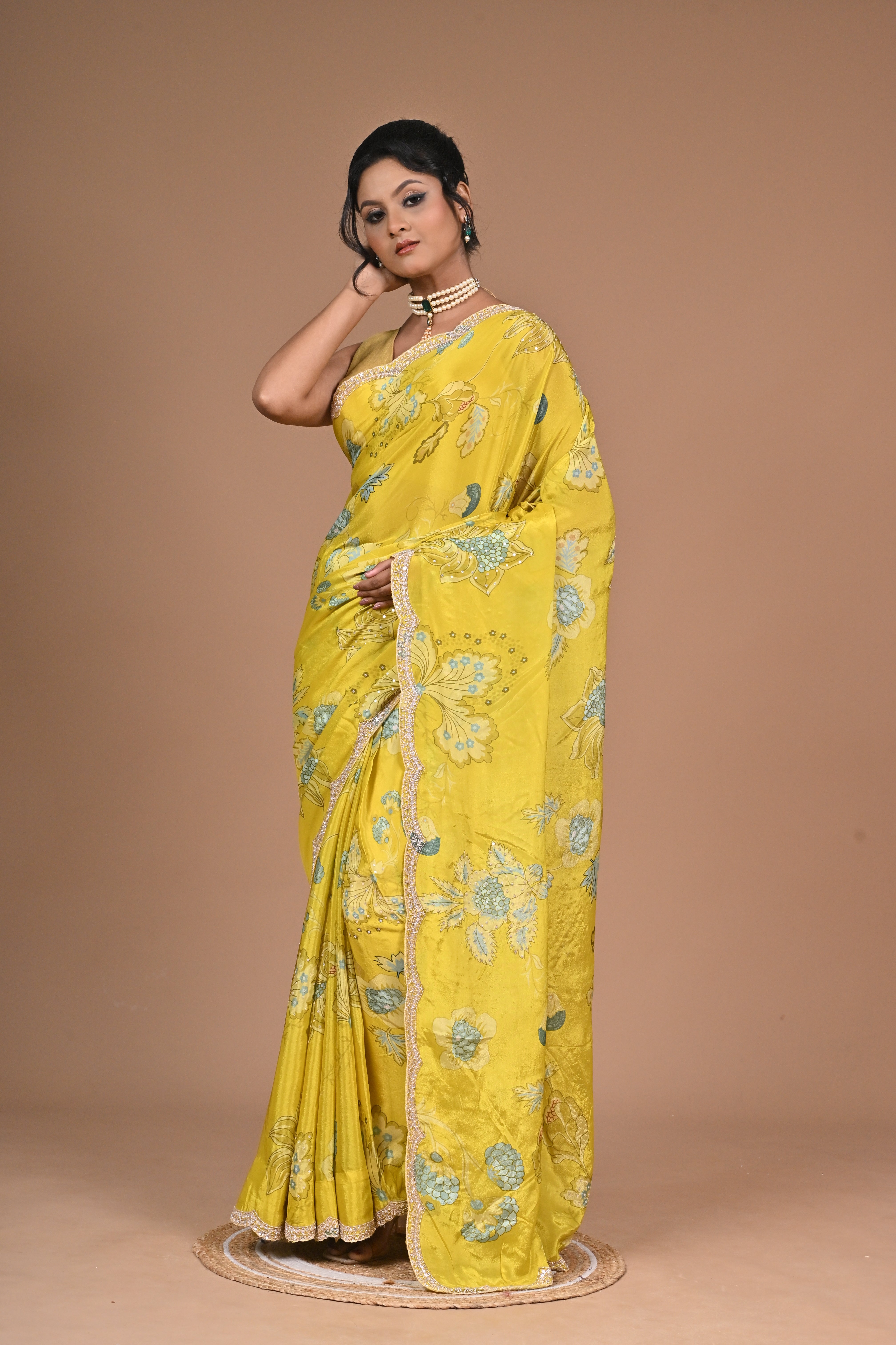 Bloom Bold – Mustard Yellow Printed Saree with Embroidered Border