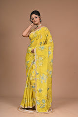 Bloom Bold – Mustard Yellow Printed Saree with Embroidered Border
