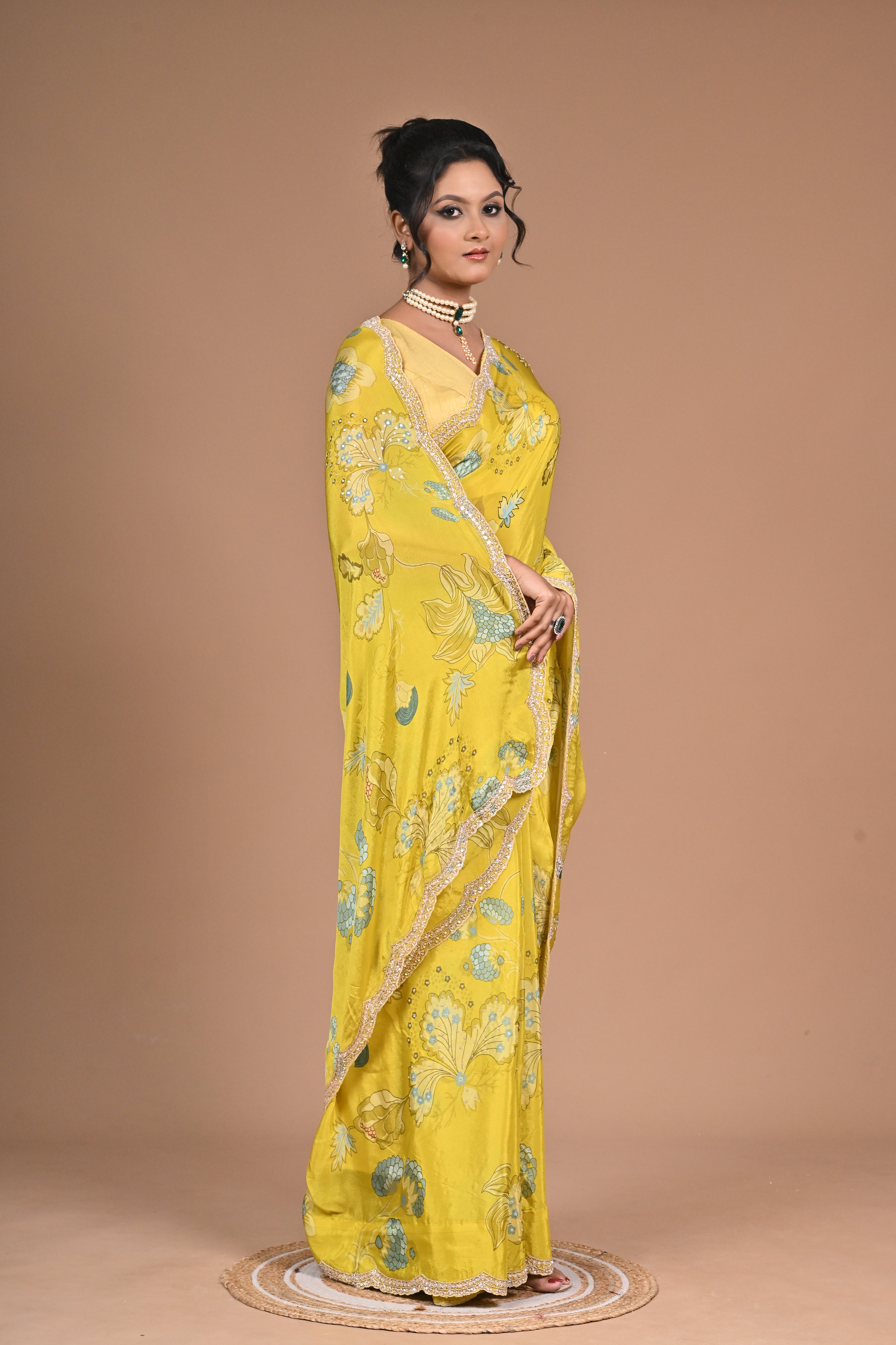 Bloom Bold – Mustard Yellow Printed Saree with Embroidered Border