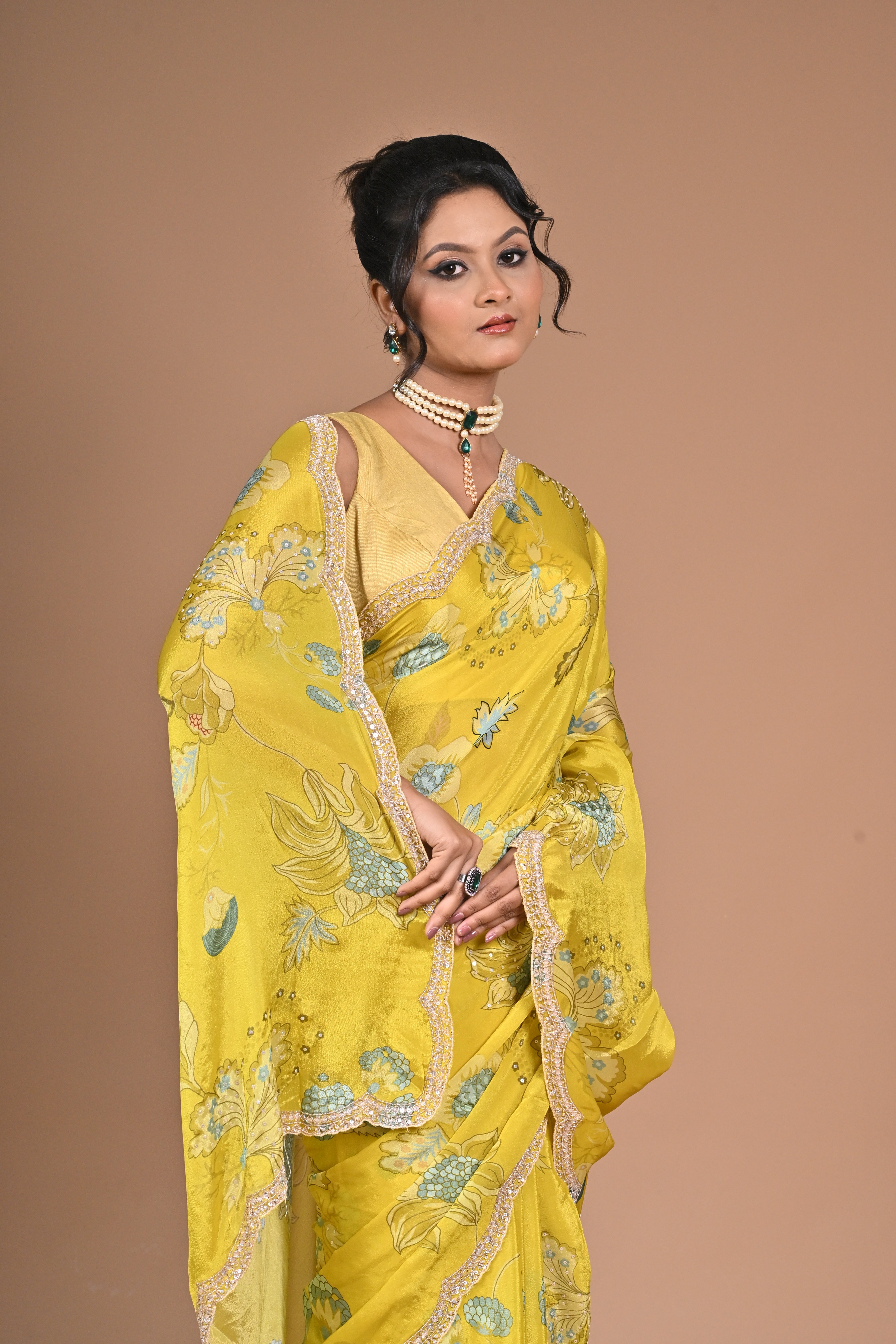 Bloom Bold – Mustard Yellow Printed Saree with Embroidered Border