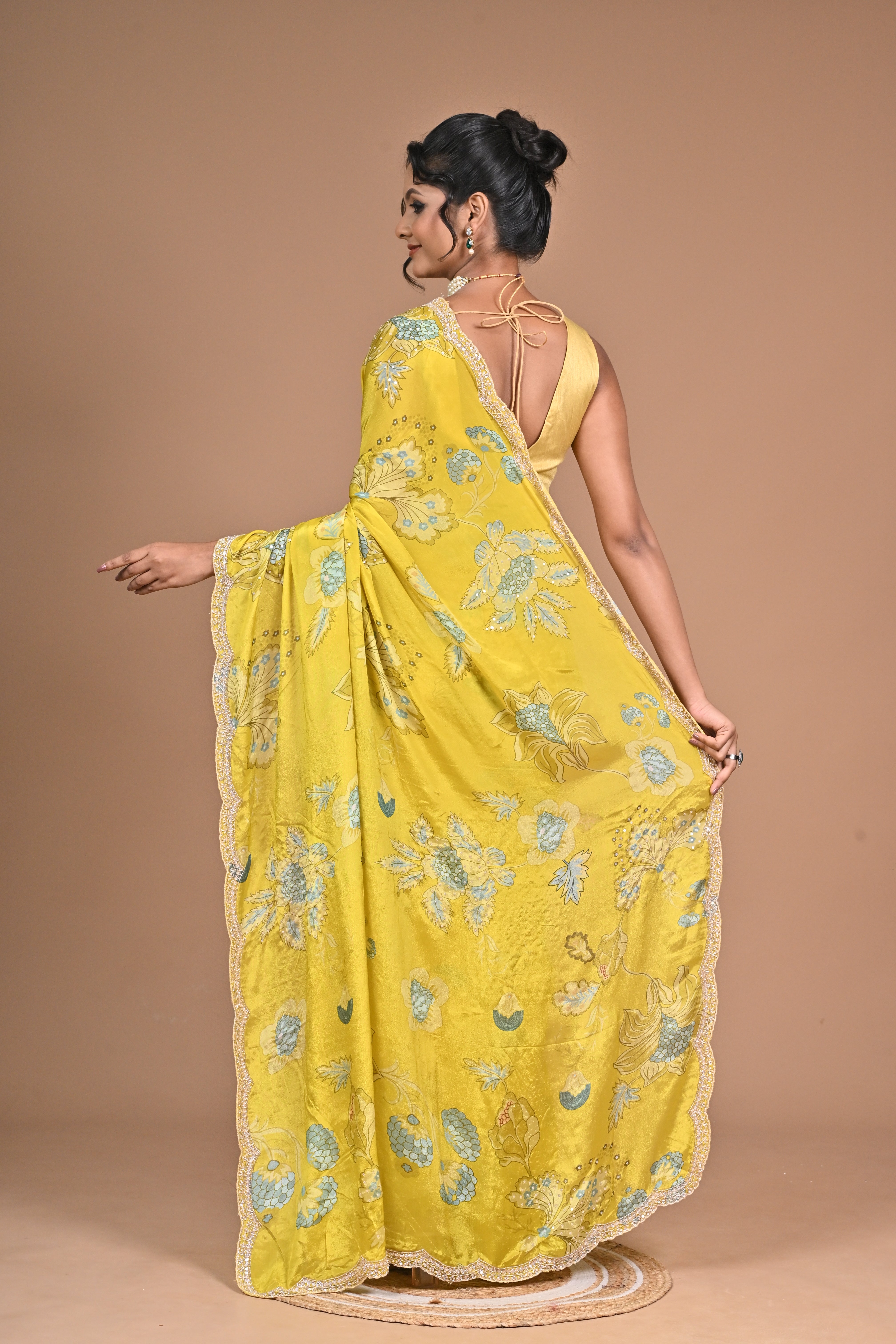 Bloom Bold – Mustard Yellow Printed Saree with Embroidered Border