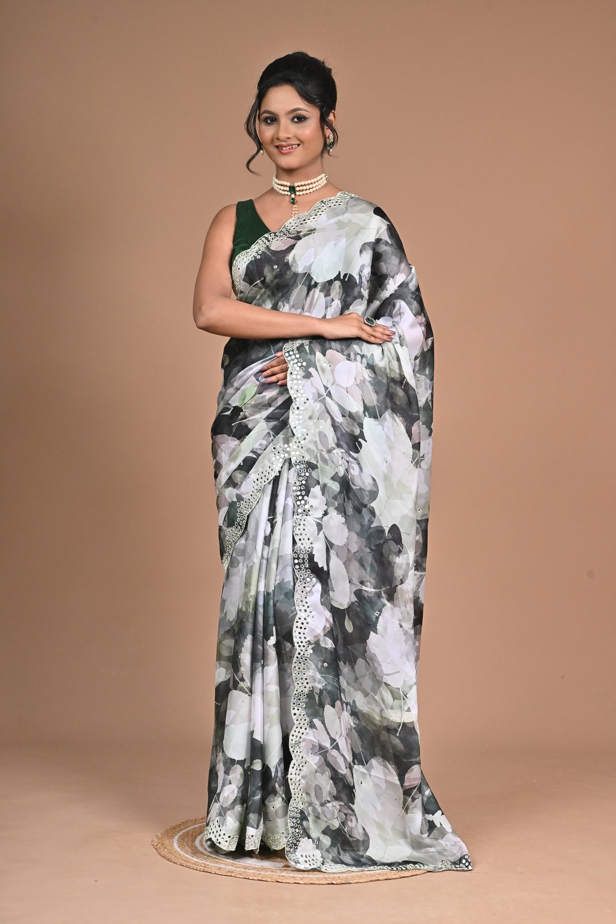 Elegant Printed Chinon Saree with Hand Embroidery & Designer Border Main image