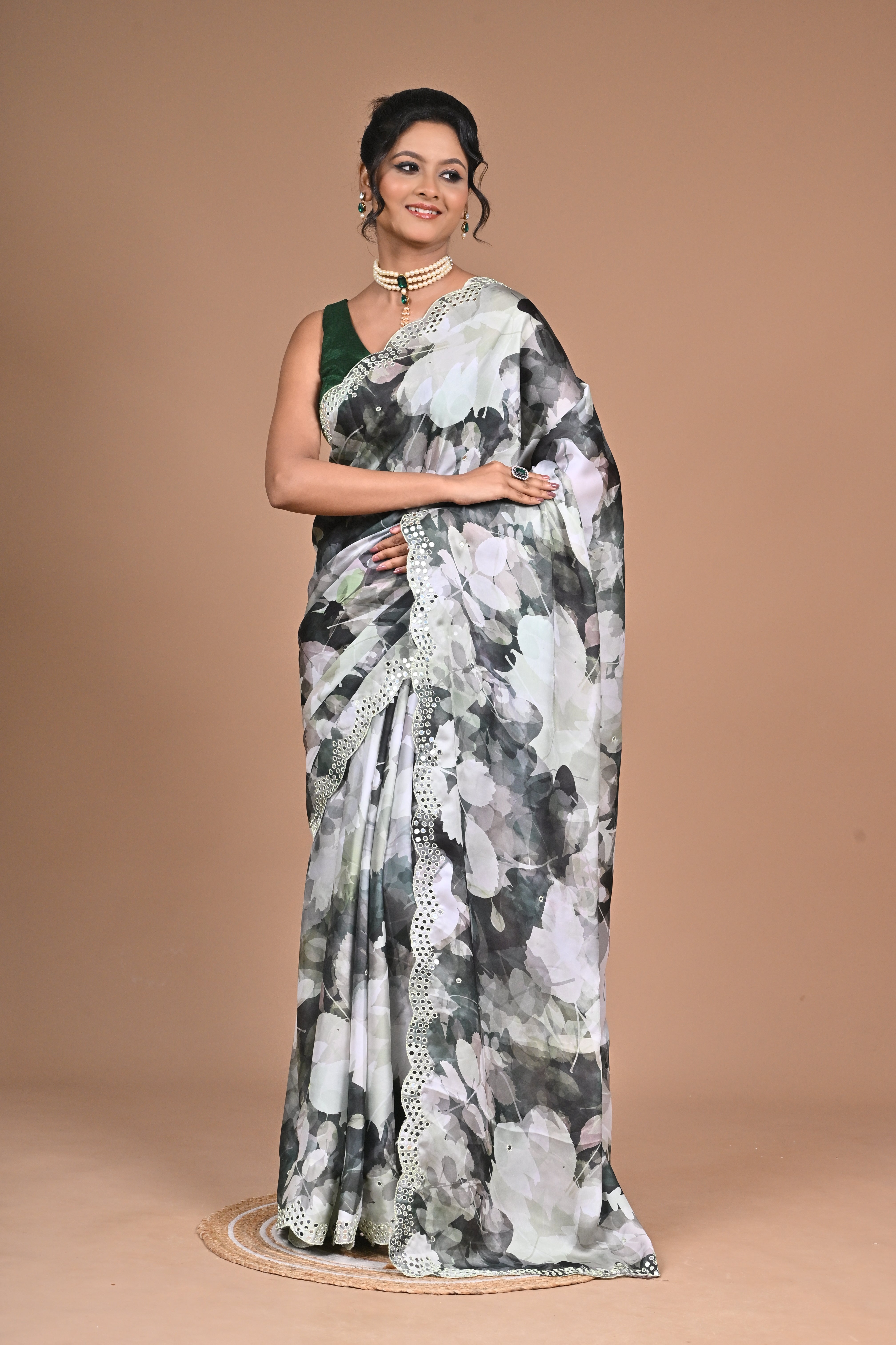 Elegant Printed Chinon Saree with Hand Embroidery & Designer Border Secondary image