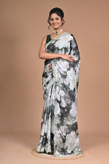 Elegant Printed Chinon Saree with Hand Embroidery & Designer Border
