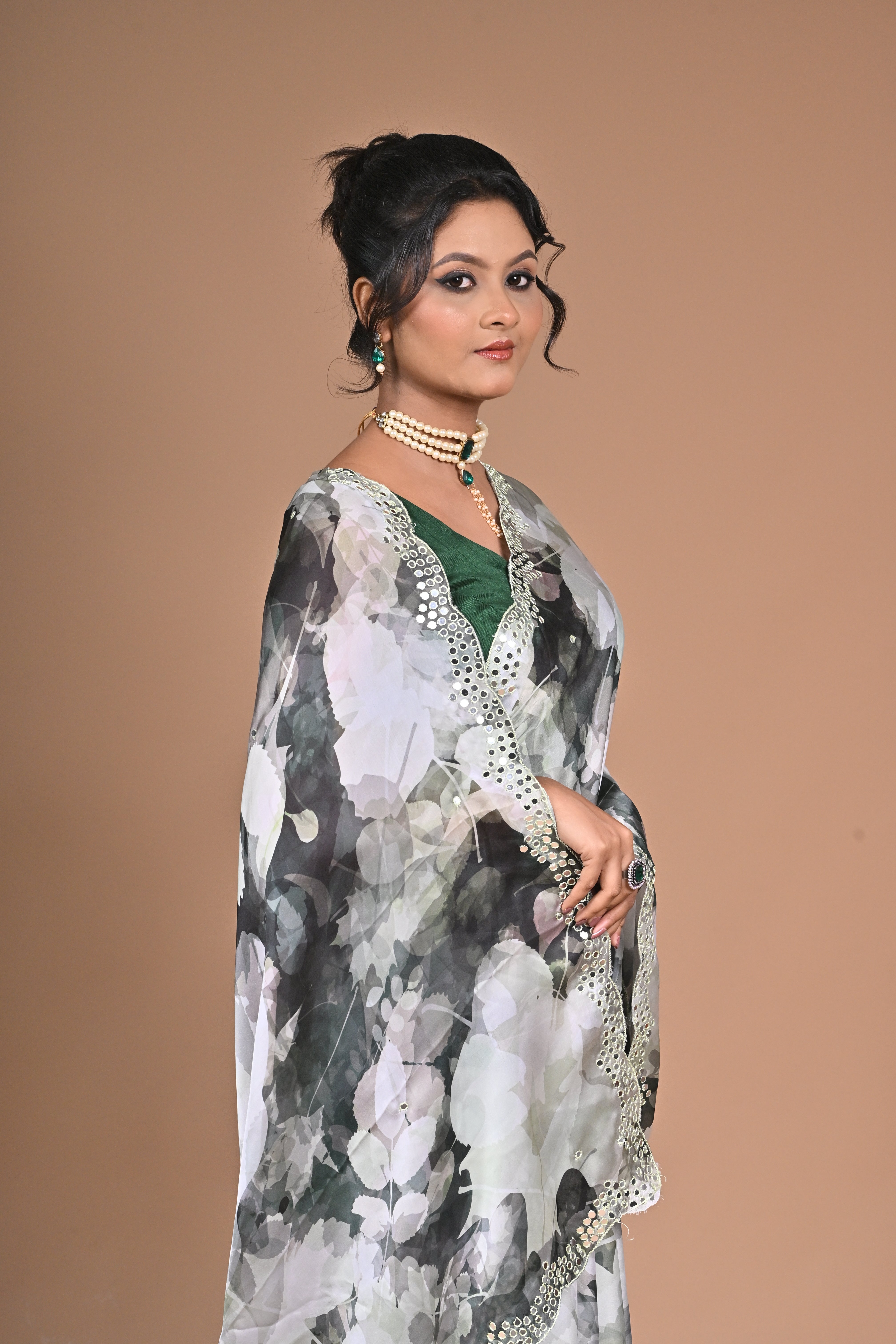 Elegant Printed Chinon Saree with Hand Embroidery & Designer Border