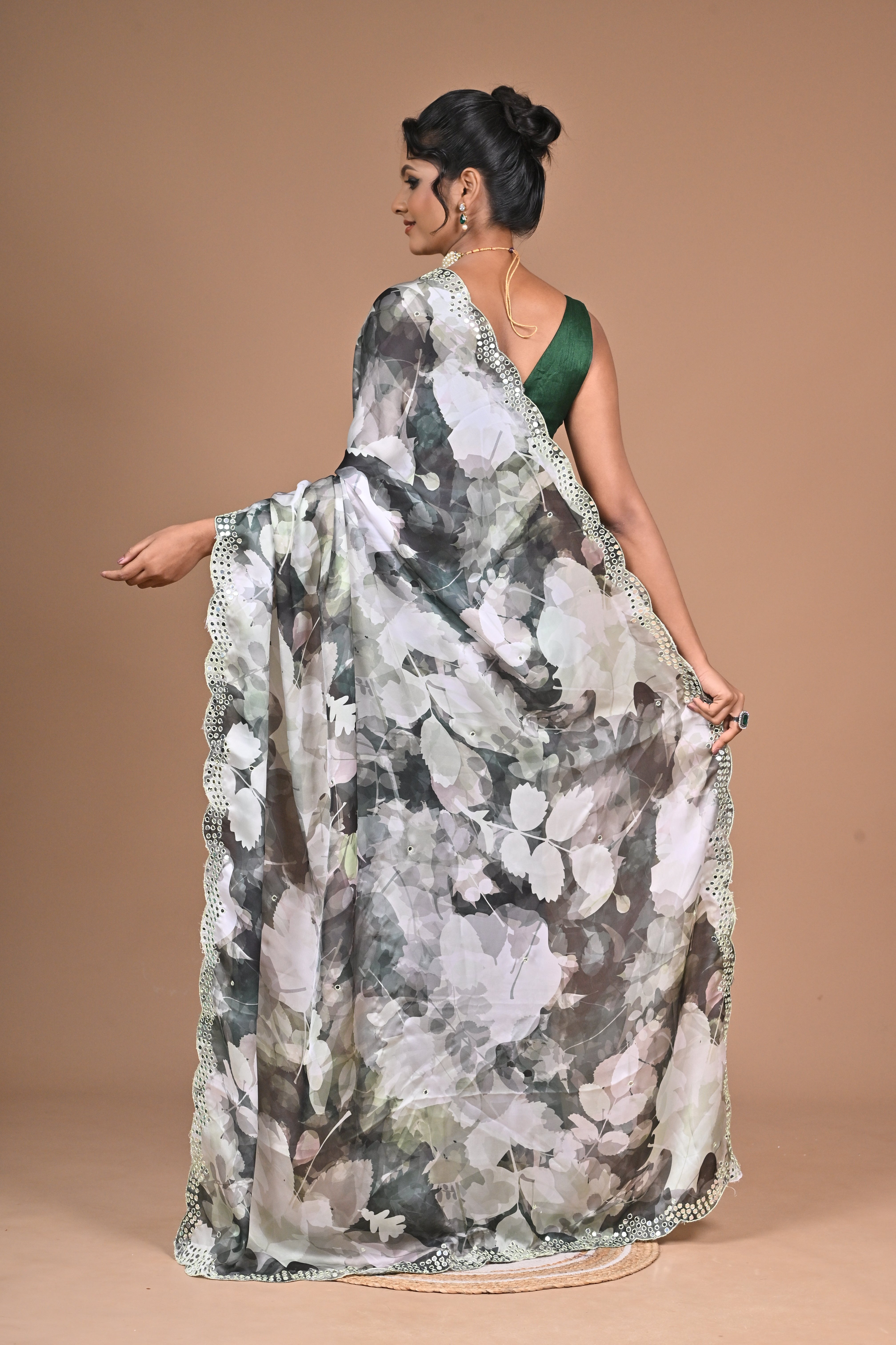 Elegant Printed Chinon Saree with Hand Embroidery & Designer Border