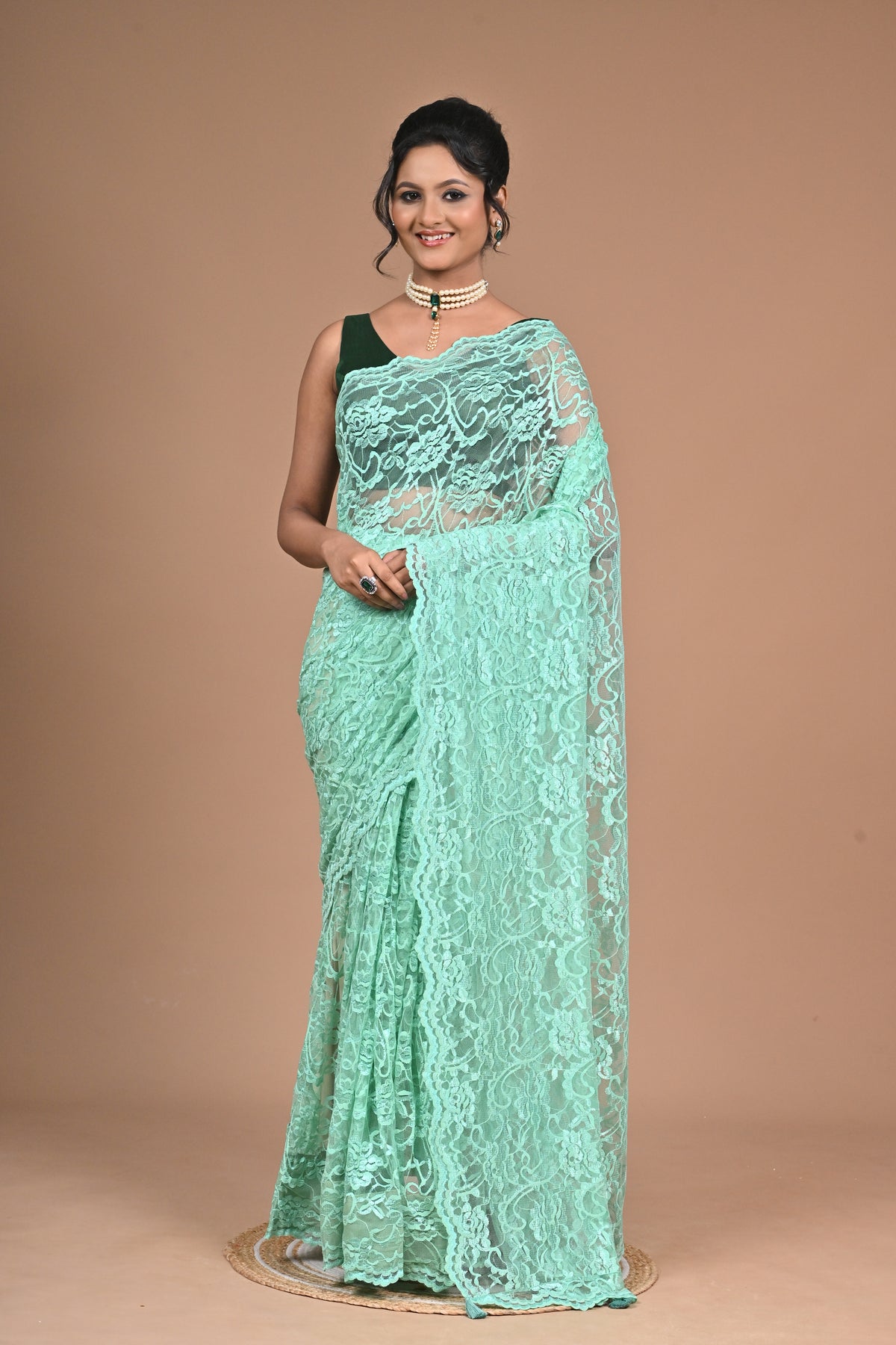Mint Elegance – Designer Chantily Lace Saree