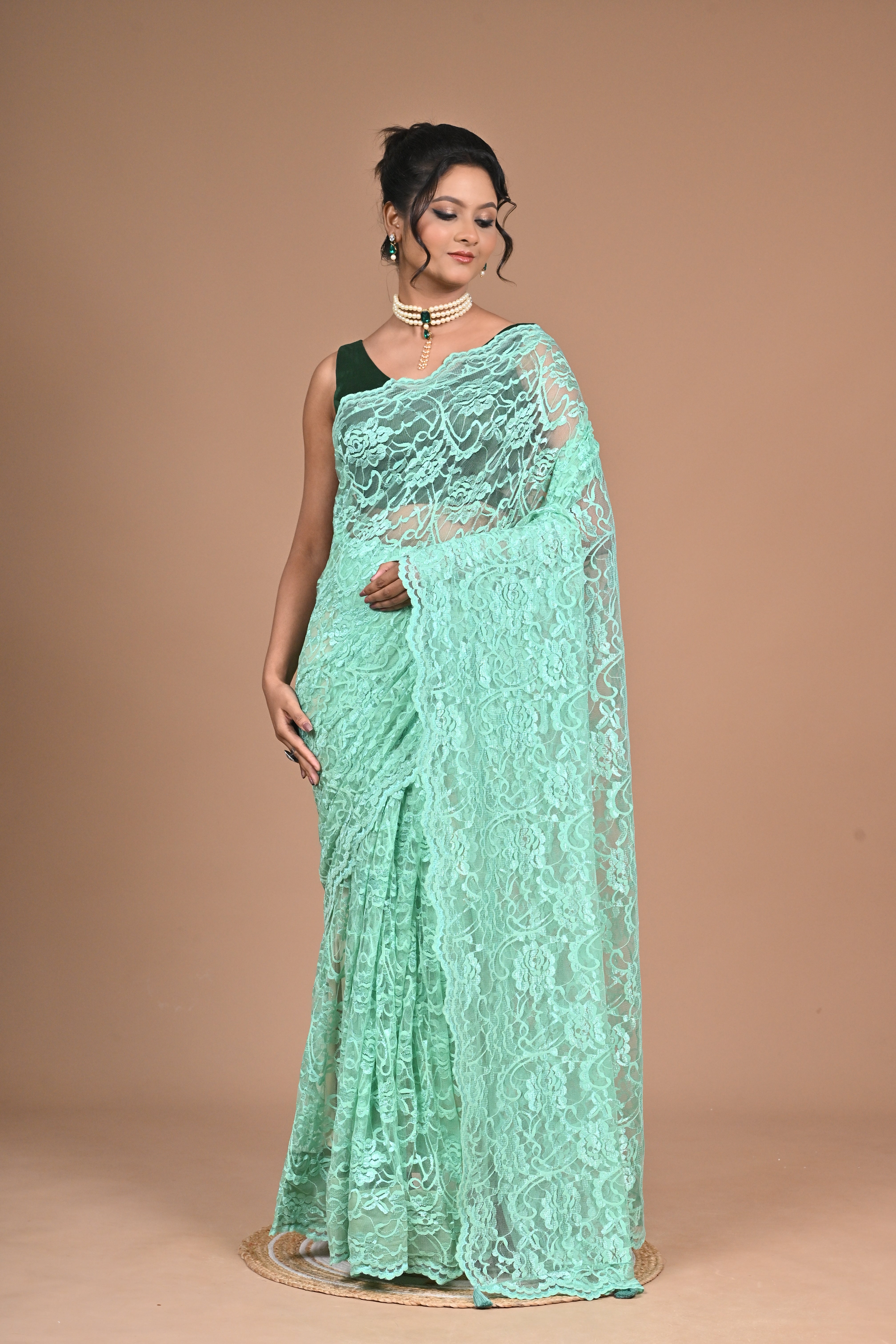 Mint Elegance – Designer Chantily Lace Saree