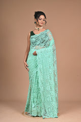 Mint Elegance – Designer Chantily Lace Saree