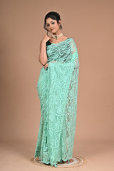 Mint Elegance – Designer Chantily Lace Saree