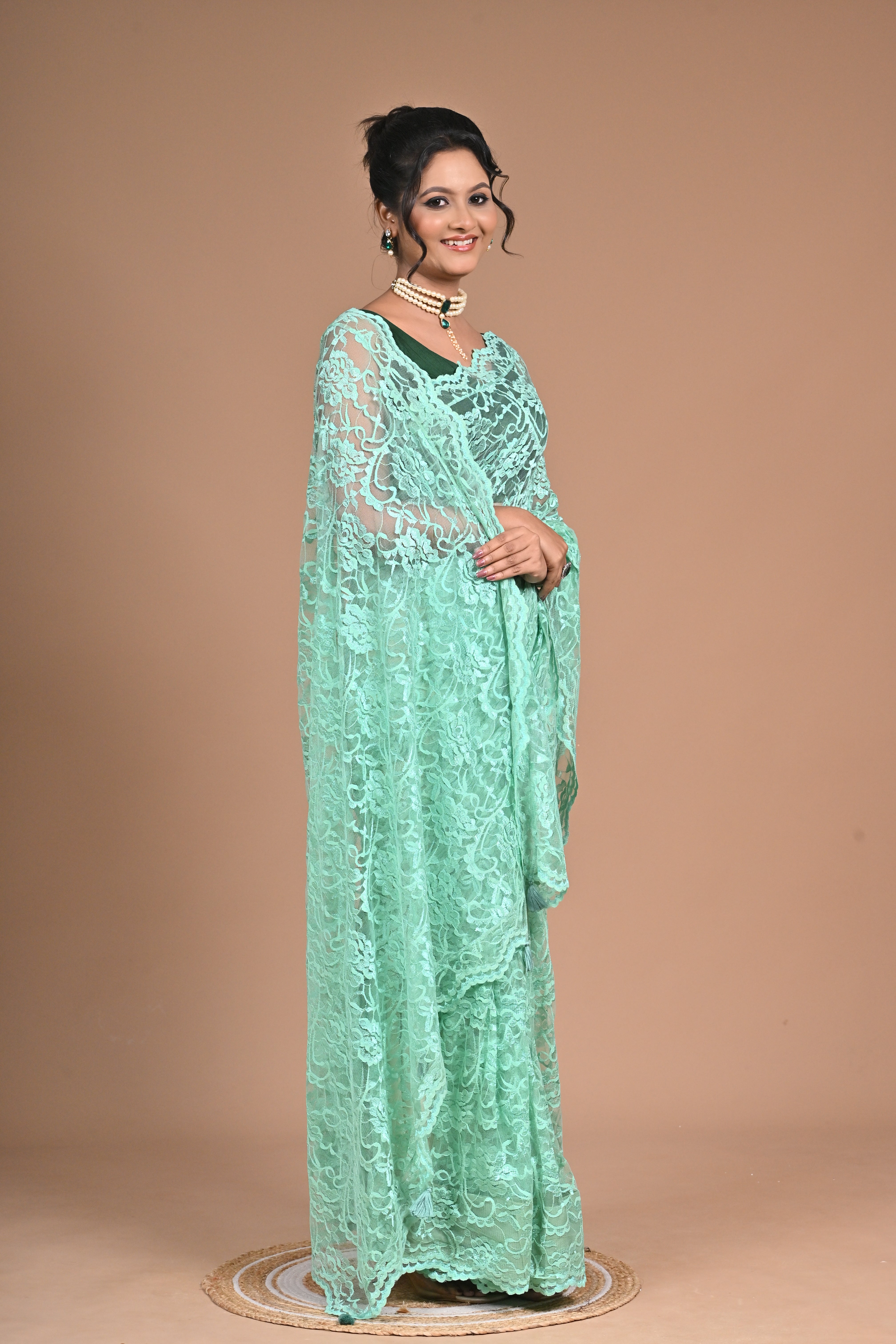 Mint Elegance – Designer Chantily Lace Saree