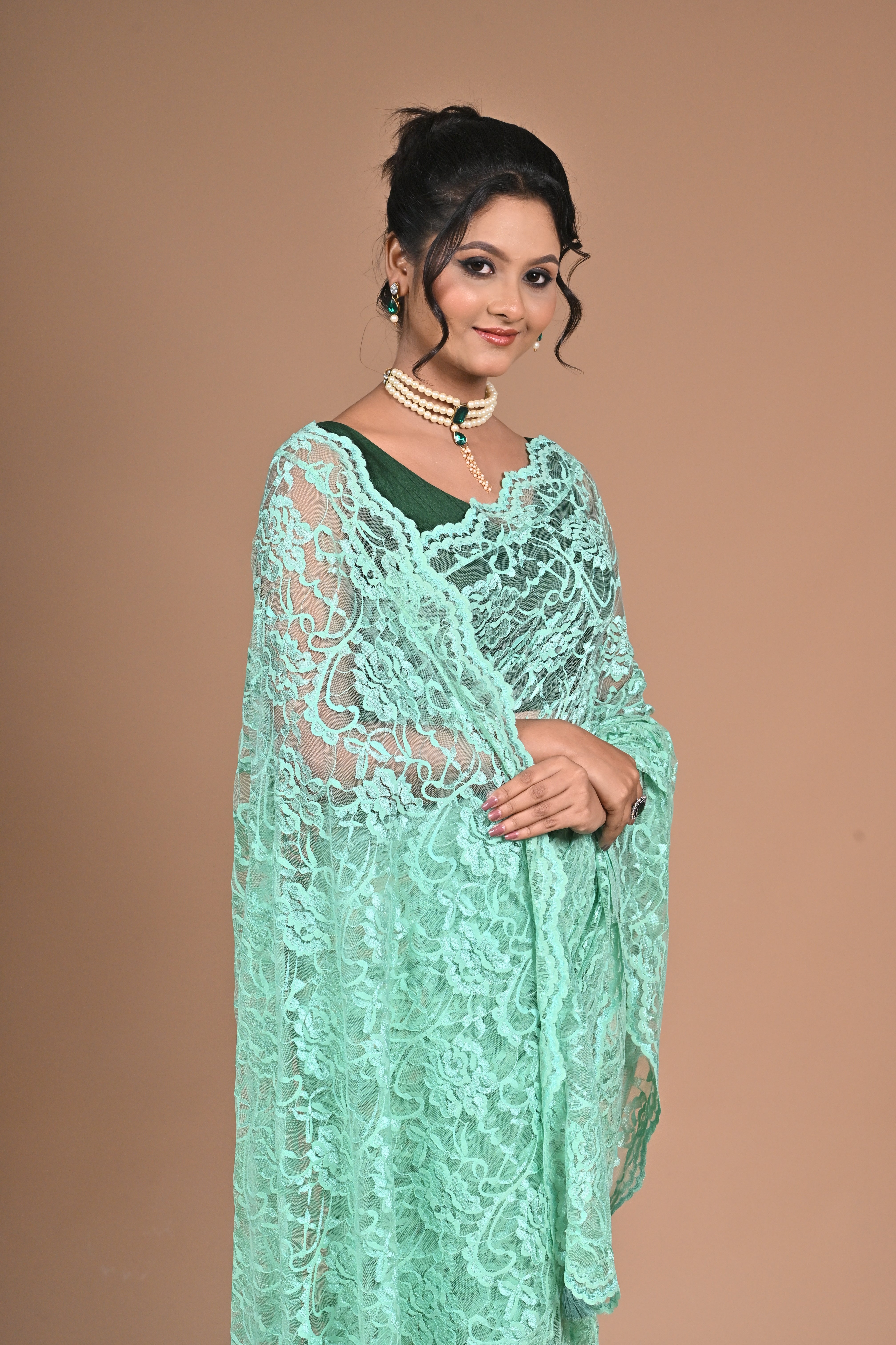 Mint Elegance – Designer Chantily Lace Saree
