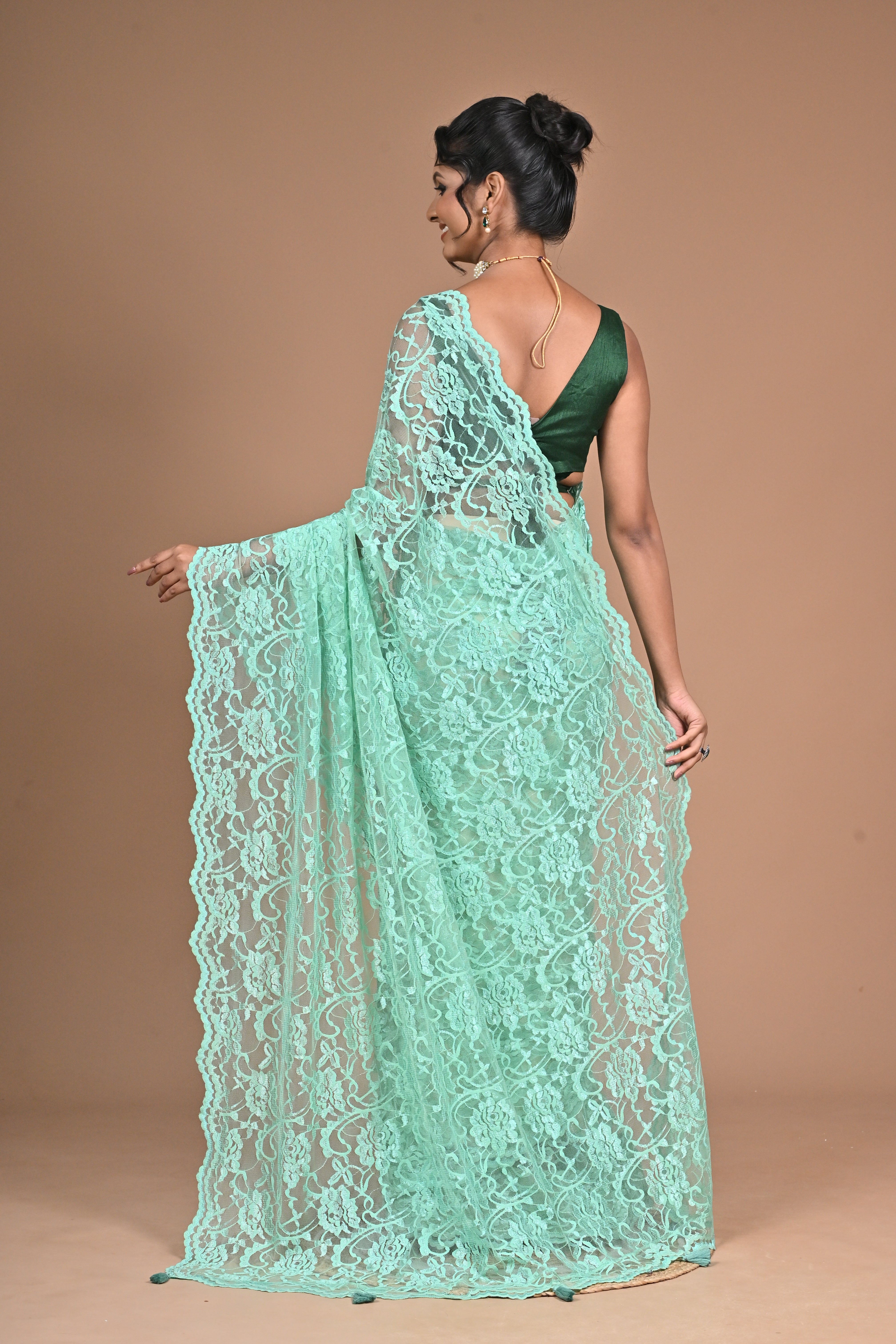 Mint Elegance – Designer Chantily Lace Saree