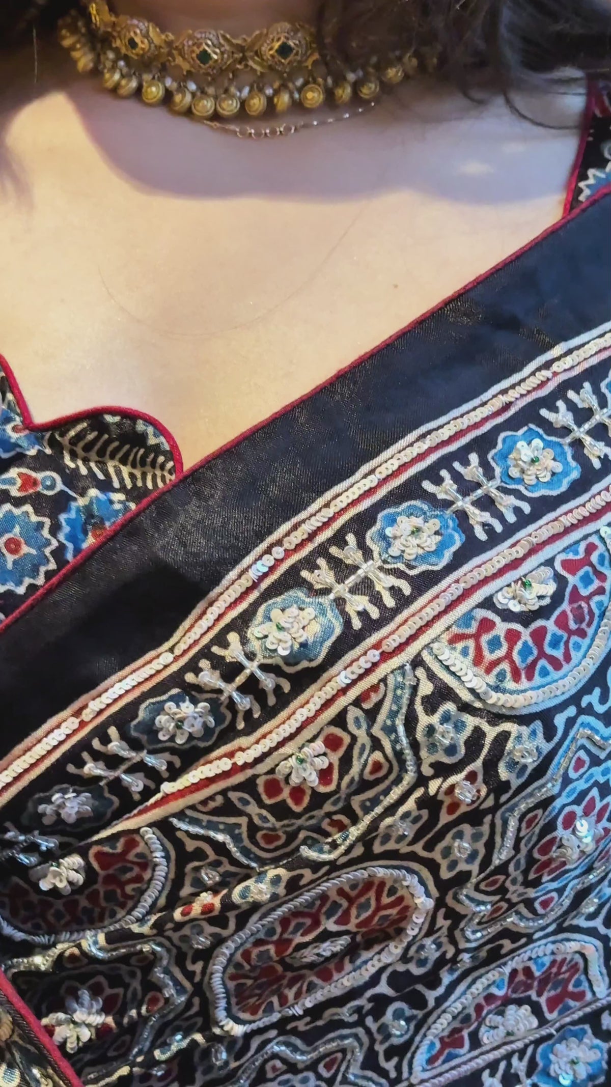 Ajrakh saree With Hand embroidery