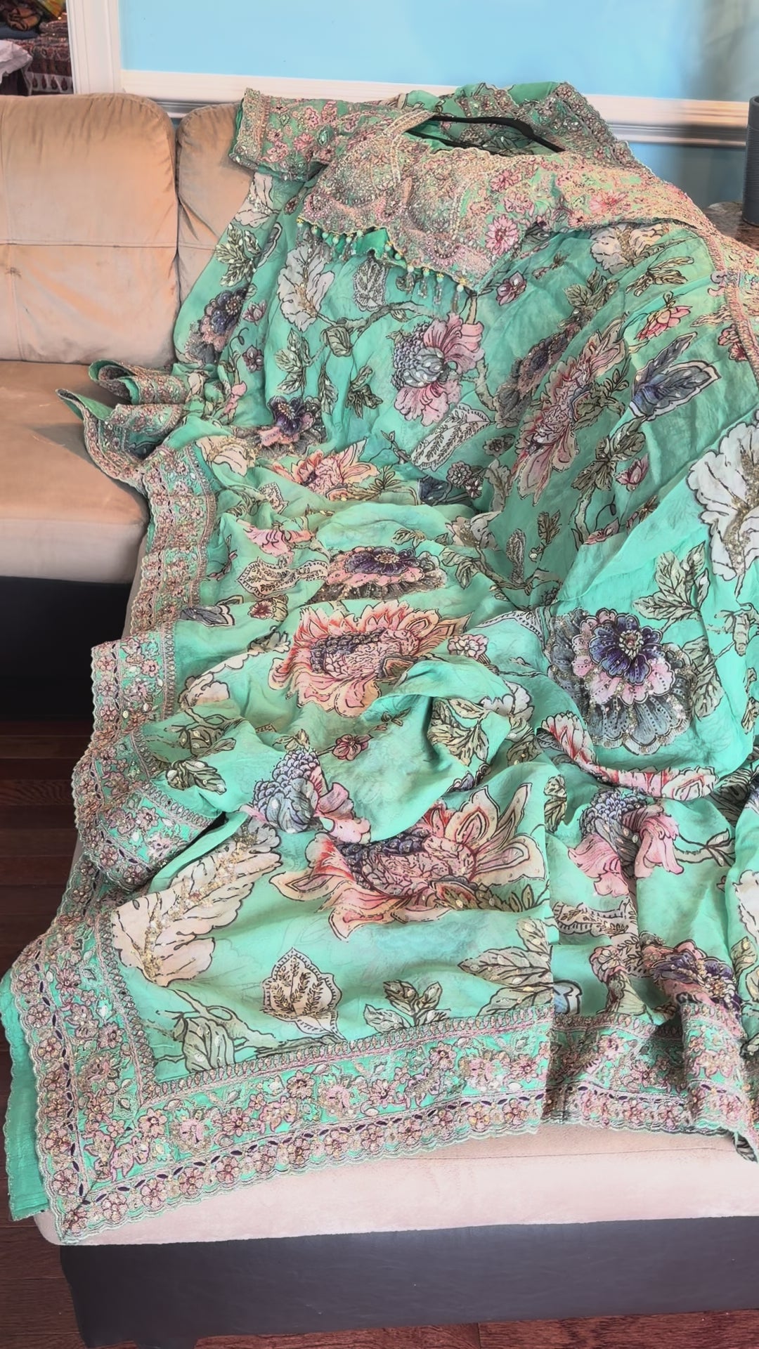 Green Floral saree with Hand embroidery and delicate work Main image